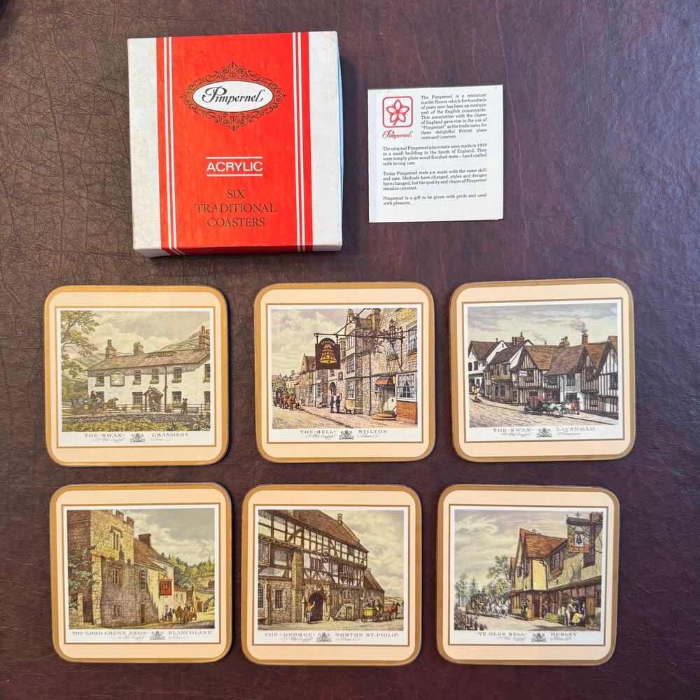 Vintage Pimpernel Coasters English Village Inns Cork Backed Set of 6 w/ Box
